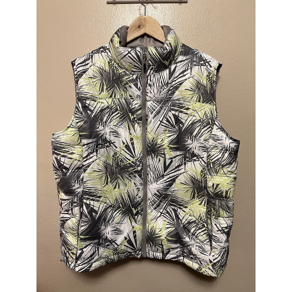 Cabela's Puffer Vest 650 Goose Down Zip Yellow Black White Print Women's Size XL